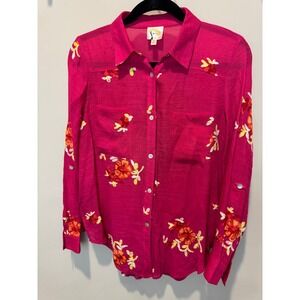 Fig and Flower‎ Women's Floral Embroidered Button-Down Shirt Pink Size S